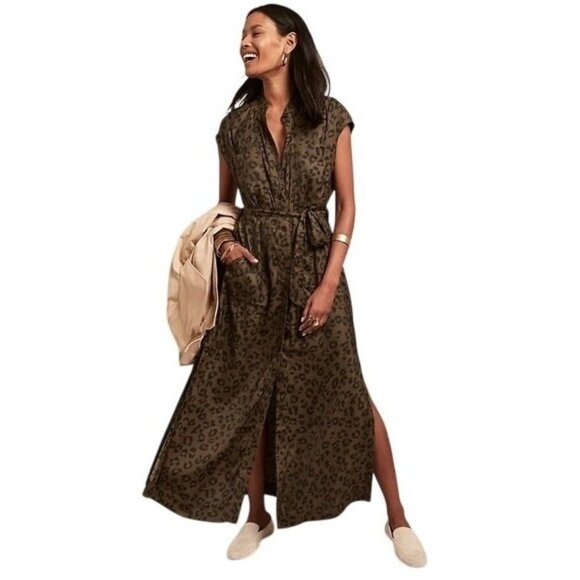 Banana Republic Leopard Print Maxi Shirt Dress With Tie Waist & Pockets NWT Smal - Picture 1 of 8